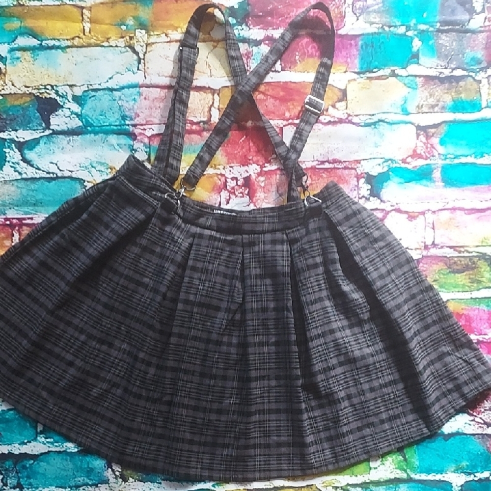 Hot Topic Black Plaid Mini Skirt with Suspenders